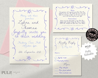 WEDDING INVITE SET template | quirky whimsical hand drawn wavy squiggle border suite | blue funky handwritten invitation download l | 0037