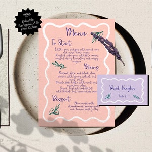 MENU + PLACE CARD Template | Scallop Wavy Edge, Handwritten and Hand Drawn | Modern Retro Wedding Download | Colorful Party Menu | 0020