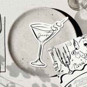 modèle pour martini cocktail à découper en forme de PLACE DE TABLE | cartes de visite fantaisistes dessinées à la main | funky, cool | 0035
