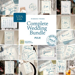 COMPLETE WEDDING BUNDLE templates **usa size** | Hand drawn & Handwritten illustrated Whimsical Wavy Ribbon Sign | Colorful Printable | 0041