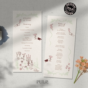 May include: Two off-white wedding programme cards featuring dark red and light green line art illustrations of hands holding champagne glasses, floral vines, and table settings. The text reads Claire & Toby, Ceremony, and Order of Service.