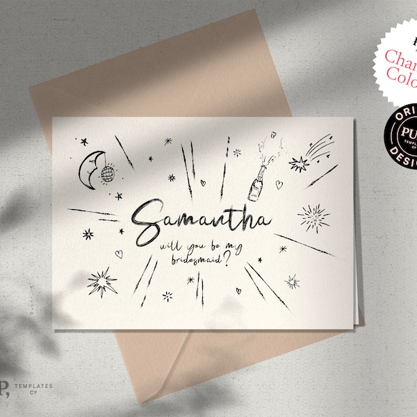 BRIDESMAID PROPOSAL CARD template | Will you be my bridesmaid? | Maid of Honor | | printable download | Hand drawn, Whimsical, Astral | 0035