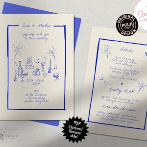 HOCHZEITSEINLADUNGSVORLAGE | doppelseitig | handgezeichnete & handgeschriebene Illustrationen | flippig, bunt, skurril, fröhlich Party | 0024