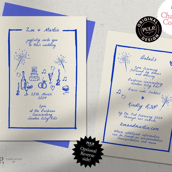 MODÈLE D'INVITATION DE MARIAGE | double face | gribouillis dessinés à la main et manuscrits | fête fantaisiste funky, colorée, amusante | 0024