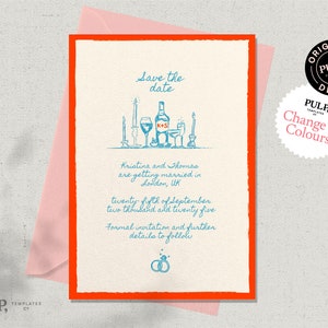 SAVE THE DATE template | bright bold colorful invitation with handwritten, hand drawn quirky illustrations | whimsical & fun | 0039