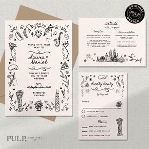 Sjabloon HUWELIJKUITNODIGING | Bruiloft in Chicago | Op Chicago City geïnspireerde uitnodiging | kleurrijke handgetekende illustraties | handgeschreven | 0033