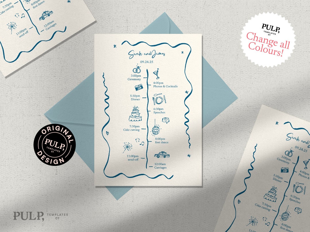 WEDDING TIMELINE CARD Template | Order of Events | Day Details | Wavy ...