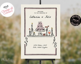 WELCOME SIGN template | colorful whimsical, funky bow cake, hand drawn illustrated signage | handwritten wedding | quirky unique | V2 | 0051