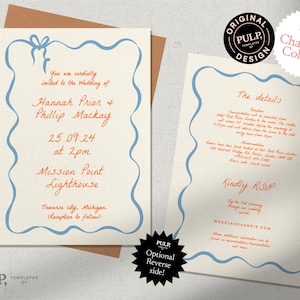 Könnte beinhalten: Eine Hochzeitseinladung mit einem blauen und weißen Rand. Die Einladung ist für Hannah Prior und Phillip Mackay, und die Hochzeit findet am 25. September 2024 um 14:00 Uhr am Mission Point Lighthouse in Traverse City, Michigan statt.