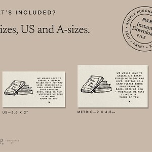 May include: Two printable book-themed gift tags, one in US letter size (3.5 x 2 inches) and one in metric size (9 x 4.5 cm). The tags feature a hand-drawn illustration of a stack of books and the text "We would love to create a library filled with joy and love. Instead of a card please bring your favorite book, used or new. Whenever we read it we will think of you!"