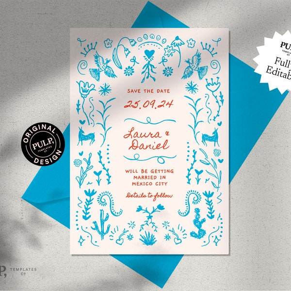 SAVE THE DATE Template | destination wedding | mexican inspired invitation | colorful hand drawn illustrations | whimsical handwritten |0033