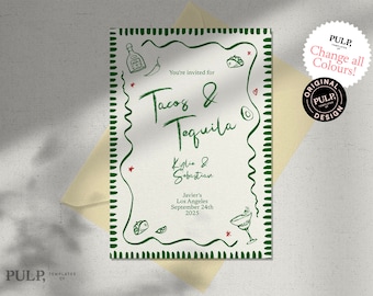 May include: Invitation card with a green border and the words "Tacos & Tequila". The invitation includes the names Kylie & Sebastian, and event details. The design features illustrations of a tequila bottle, taco, and margarita.