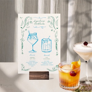Modello SEGNO BEVANDE FIRMATE / Cocktail personalizzati / Scarabocchi disegnati e scritti a mano illustrati Menu di nozze stravaganti / Stampabile / 0033