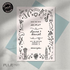Modello SAVE THE DATE / Invito illustrato a Chicago / addio al nubilato, nubilato, matrimonio / funky, disegnato a mano e scritto a mano / Chicago / 0033