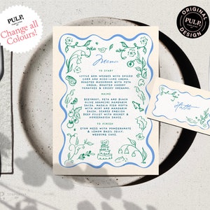 Modèle de MENU + PLACE CARD | Illustration florale et alimentaire dessinée à la main et manuscrite, menu de mariage ondulé fantaisiste | Numérique imprimable | 0046