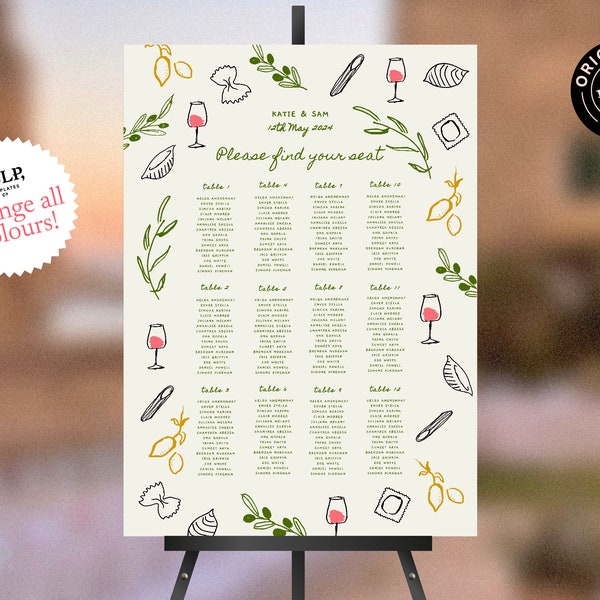 SEATING CHART SIGN template | wedding rehearsal | Italian whimsical, funky, hand drawn, handwritten | 0036