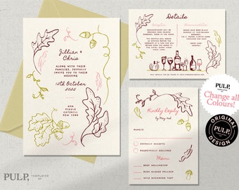 WEDDING INVITATION SET template | whimsical autumn fall wedding | hand drawn illustrations | handwritten | 0040