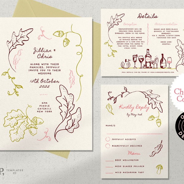 WEDDING INVITATION SET template | whimsical autumn fall wedding | hand drawn illustrations | handwritten | 0040