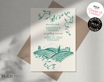 May include: Teal wedding invitation featuring a Tuscan landscape illustration. The invitation includes the names Kristina & Thomas, the wedding date, and location. The design features a vineyard scene and decorative floral elements.