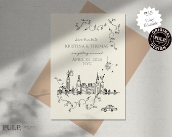 May include: Save the date card with a black and white illustration of the New York City skyline. The text reads "Save Our Date Kristina & Thomas are getting married April 25, 2025 NYC".