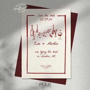 Puede incluir: Invitación de boda con borde burdeos e ilustraciones de botellas de champán, copas y velas. El texto dice "Save the date 25.09.24" y anuncia "Zoe & Martin are tying the knot in London, UK."