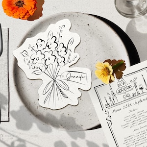 bouquet de fleurs découpé en forme de cocktail PLACE DE TABLE DES CARTES | cartes de visite fantaisistes dessinées à la main | funky, cool | 0035
