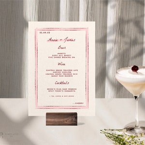 BAR / MENÚ DE BEBIDAS / borde colorido retro escrito a mano y dibujado a mano / menú de cócteles / plantilla de descarga instantánea / menú de bebidas de boda /0031