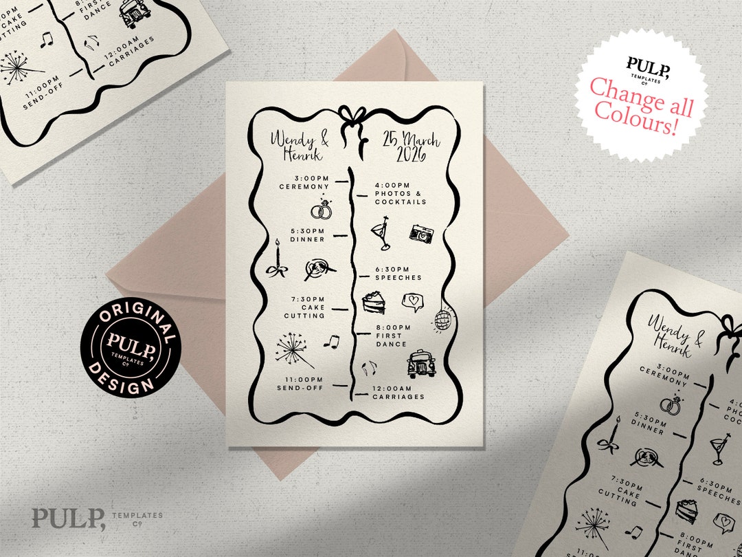 WEDDING TIMELINE CARD Template | Order of Events | Day Details ...