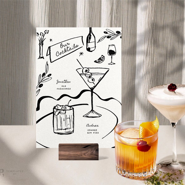 SIGNATURE DRINKS SIGN Template | Custom Cocktail | Hand drawn & Handwritten illustrated Whimsical Wedding Menu | Printable | 0054