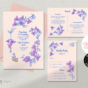 WEDDING INVITATION SET Template | destination wedding | Spanish mediterranean invite | hand drawn illustrations | colorful fun bright | 0042