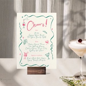 Plantilla de menú de bar y bebidas / Fiesta de cócteles o boda con un toque caprichoso, dibujada y escrita a mano / Colorida / Borde ondulado / Boceto de comida / 0041