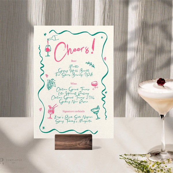 BAR + DRINKS MENU template | hand drawn & handwritten whimsical cocktail party, wedding | colorful | wavy squiggle edge | food sketch | 0041