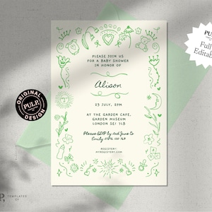 BABY SHOWER INVITE template | boy, girl, gender neutral, baby shower invitation | quirky cute hand drawn border + handwritten | green | 0033