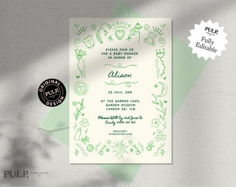 BABY SHOWER INVITE template | boy, girl, gender neutral, baby shower invitation | quirky cute hand drawn border + handwritten | green | 0033