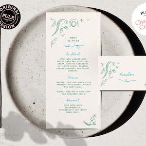 MENU + CARTE DE PLACEMENT Modèle | Menu de mariage fantaisiste illustré à la main et griffonné à la main | Ondulé tendance imprimable dl 3,75 x 9 | 0033