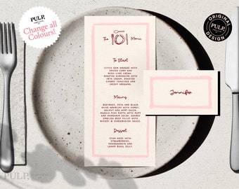 MENU + PLACE CARD Template | Hand drawn & Handwritten scribble illustrated Whimsical Wedding Menu | Funky Printable | dl  3.75 x 9  | 0038