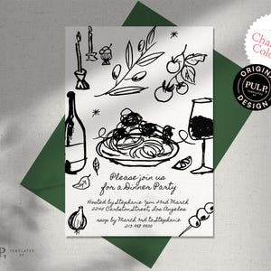Modelo de convite para JANTAR ITALIANO | festa de aniversário | ensaio de casamento | caprichoso, descolado, desenhado à mão, escrito à mão | baixar | 0054