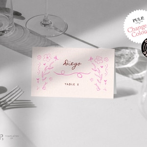 TARJETAS DE LUGAR DE MESA / Ilustración colorida y caprichosa para la mesa de recepción / Tarjetas con nombres / Dibujadas a mano / Cena / 0033 rosa