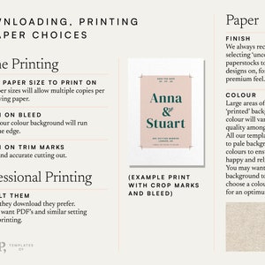 May include: A guide to printing and paper choices for home and professional printing. The guide includes information on selecting paper size, bleed, trim marks, and paper types. An example of a printed invitation with crop marks and bleed is shown.