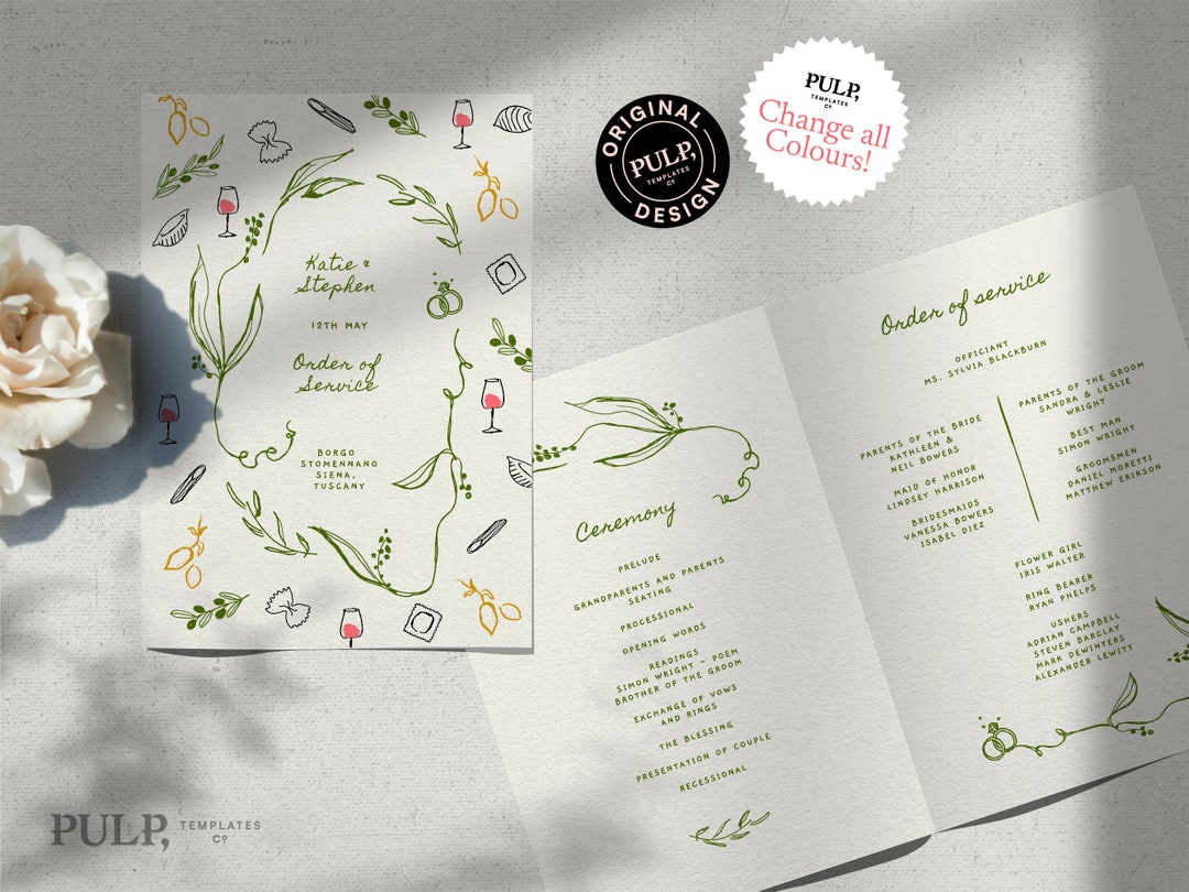 WEDDING CEREMONY PROGRAM Template | Fun Hand Drawn Italian ...
