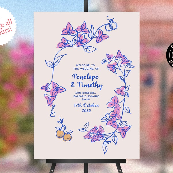 WELCOME SIGN template | Spanish wedding party | mediterranean | whimsical, hand drawn, scribbled illustrated signage | handwritten | 0036