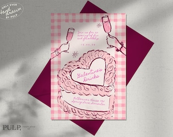 Puede incluir: Una tarjeta de invitación rosa y blanca con un diseño en forma de corazón, con el texto "Galentine's Drinks". La tarjeta incluye ilustraciones de copas de champán y manos, con el texto "Join us for an evening of fun and friendship."