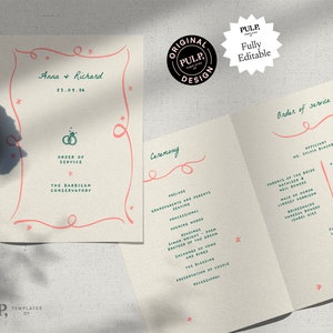 Könnte beinhalten: Eine Hochzeitszeremonie-Ordnung mit einem rosa-grünen Farbschema. Der Vordereindeck hat einen handgeschriebenen Titel "Anna & Richard" mit dem Datum "25.09.24" und einem dekorativen Rand. Der Hintereindeck listet die Reihenfolge des Dienstes auf, einschließlich des Amtsträgers, der Eltern der Braut und des Bräutigams, der Trauzeugin, der Brautjungfern und anderer Hochzeitsgäste.