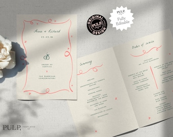 WEDDING CEREMONY PROGRAM template | Quirky Hand Drawn Illustrations | Handwritten |  4 Sided, Folded Order of Service | Printable | 0030