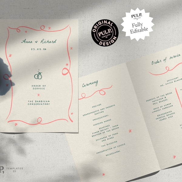 WEDDING CEREMONY PROGRAM template | Quirky Hand Drawn Illustrations | Handwritten |  4 Sided, Folded Order of Service | Printable | 0030