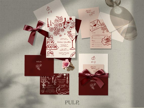 WEDDING INVITATION SET template | Romantic burgundy invite suite with hand drawn whimsical illustrations | 0054