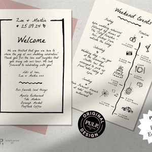 CARTA DE BIENVENIDA DE BODAS + plantilla de línea de tiempo / itinerario / nota de bienvenida / imprimible / eventos de fin de semana / dibujado a mano / negro / 0024