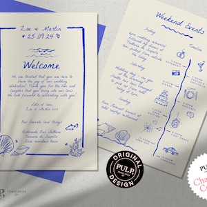 CARTA DE BIENVENIDA DE BODAS + plantilla de línea de tiempo / itinerario / nota de bienvenida / iconos dibujados a mano / eventos de fin de semana / boda de destino de playa / 0024