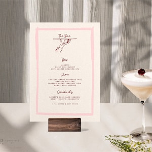 BAR + Plantilla de MENÚ DE BEBIDAS / Dibujado a mano y garabato simple escrito a mano ilustrado Menú de boda caprichoso / Digital imprimible retro / 0038
