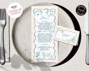 May include: A wedding menu template with a blue and green floral design. The menu includes a list of dishes with descriptions, such as "Little Gem Wedges with Spiced Corn and Miso-Lime Crema" and "Eton Mess with Pomegranate & Lemon Basil Jelly".